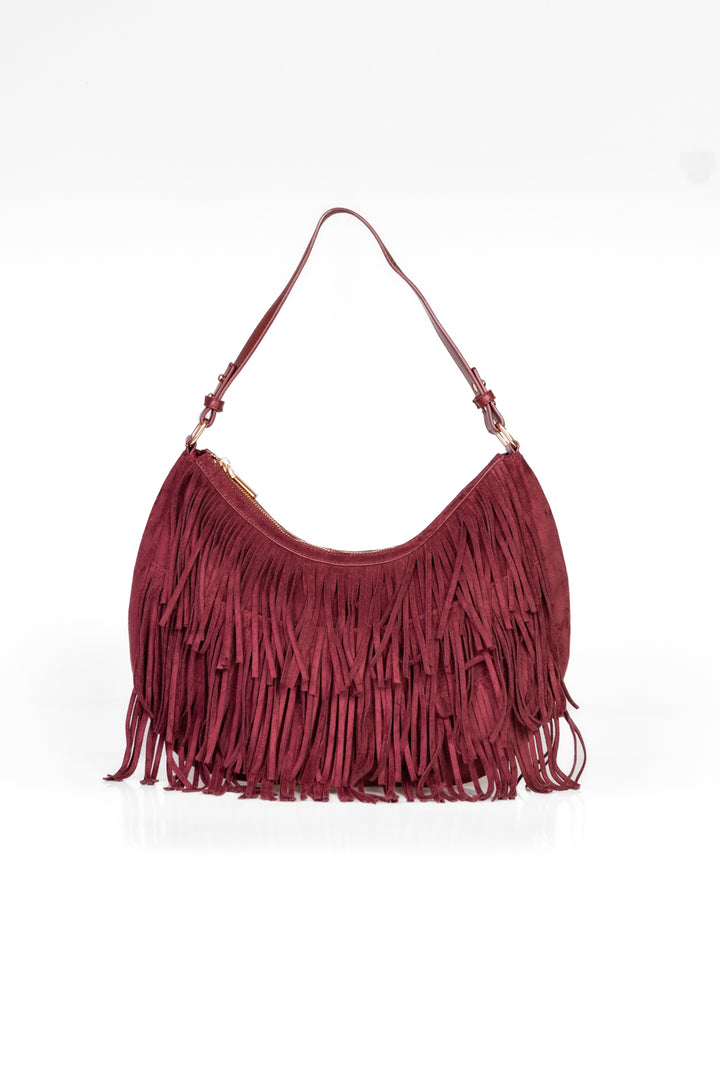Upper - Borsa mezzaluna scamosciata con frange