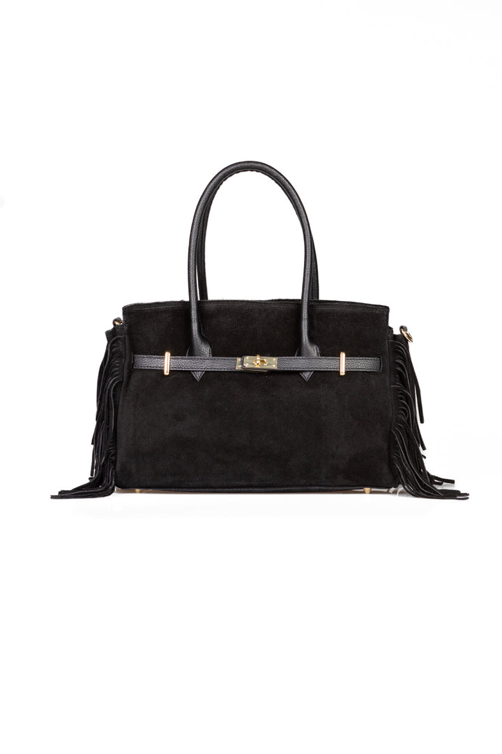 Upper - Borsa scamosciata con lucchetto e frange