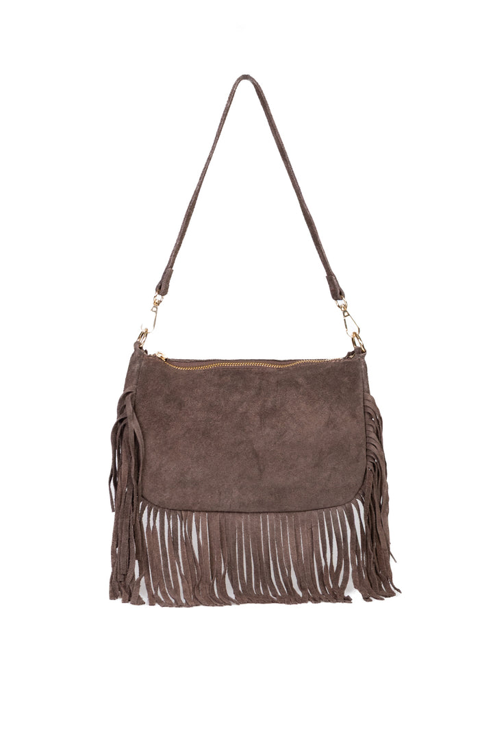 Upper - Borsa rettangolare scamosciata con frange