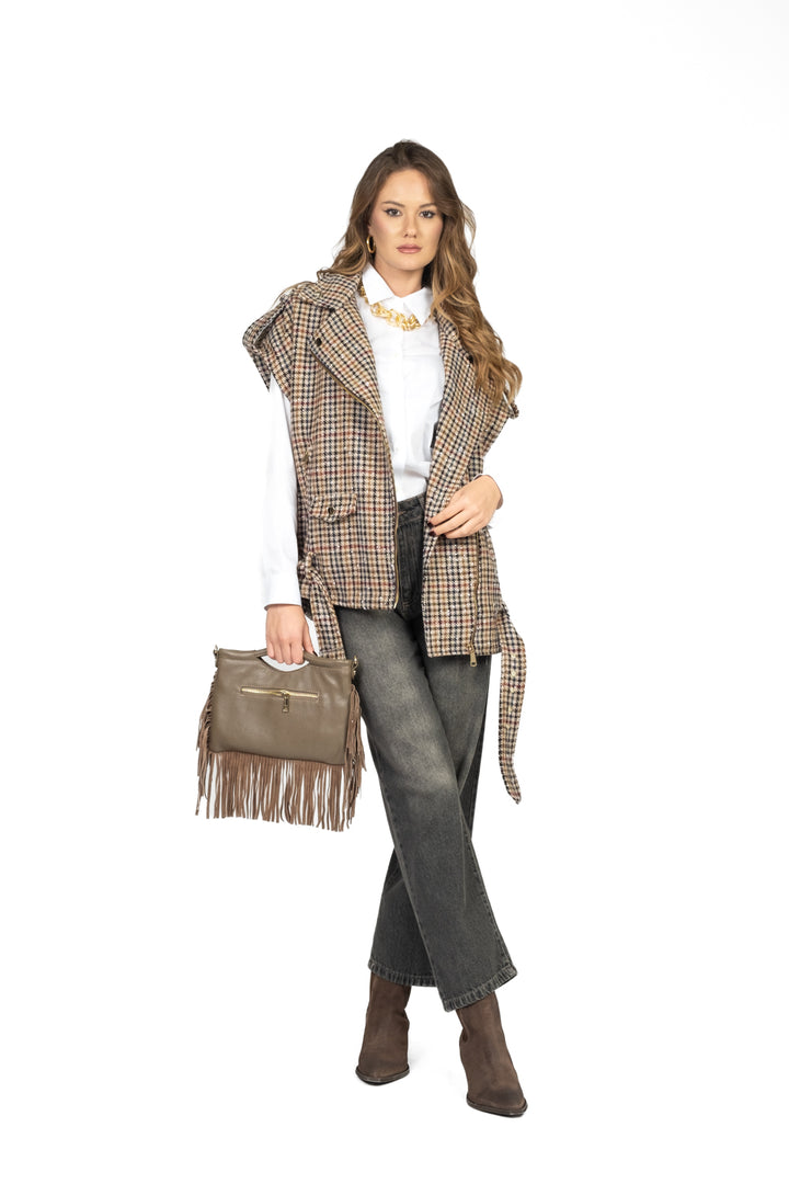 Tensione In - Giacca chiodo smanicata in tessuto quadretti Art. 26D818