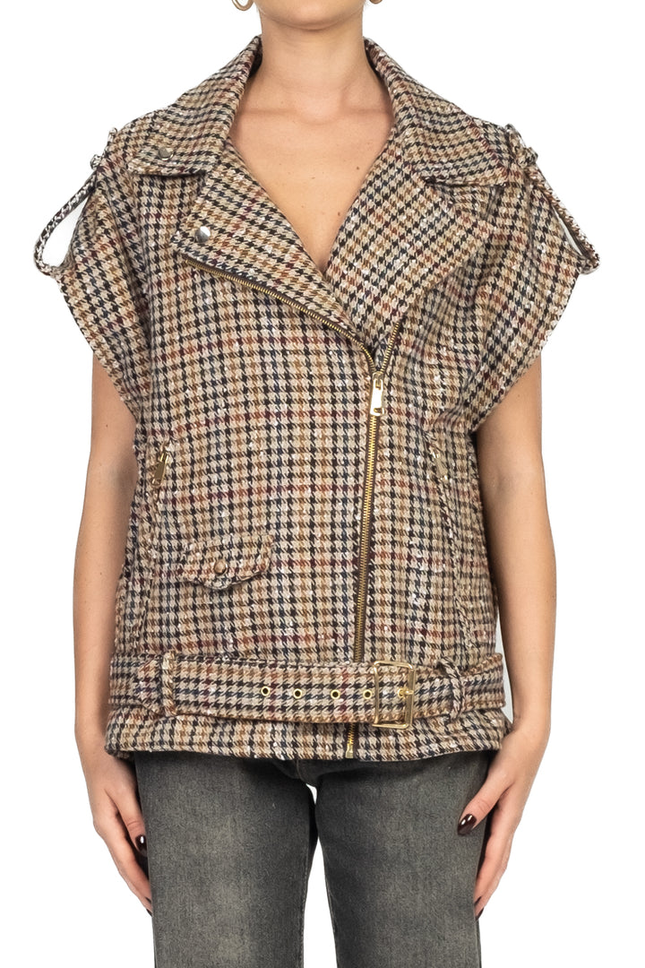 Tensione In - Giacca chiodo smanicata in tessuto quadretti Art. 26D818