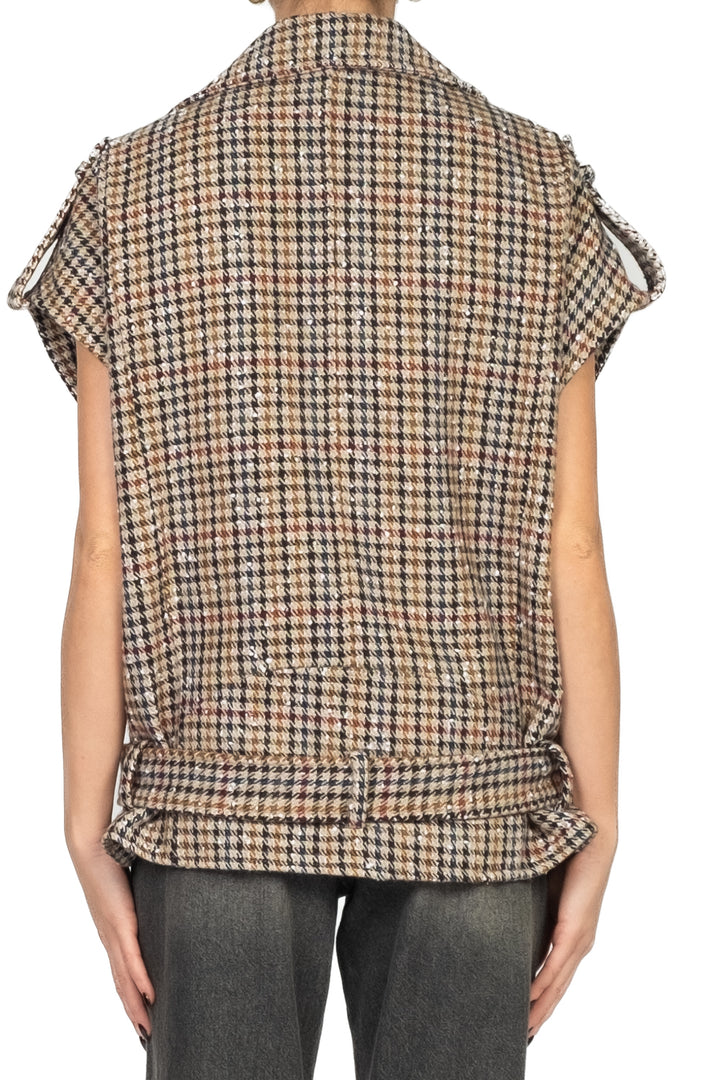 Tensione In - Giacca chiodo smanicata in tessuto quadretti Art. 26D818