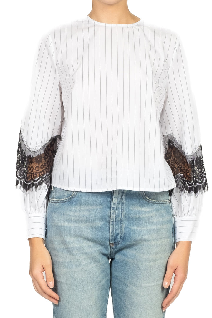 Tensione In - Blusa gessata con intarsi pizzo Art. W25C580