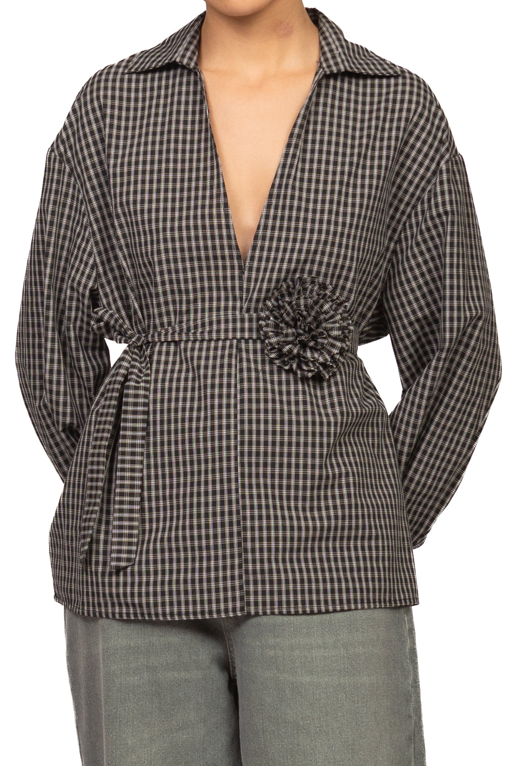 Vicolo - Blusa over quadretti con laccio fiore Art. TAC0447