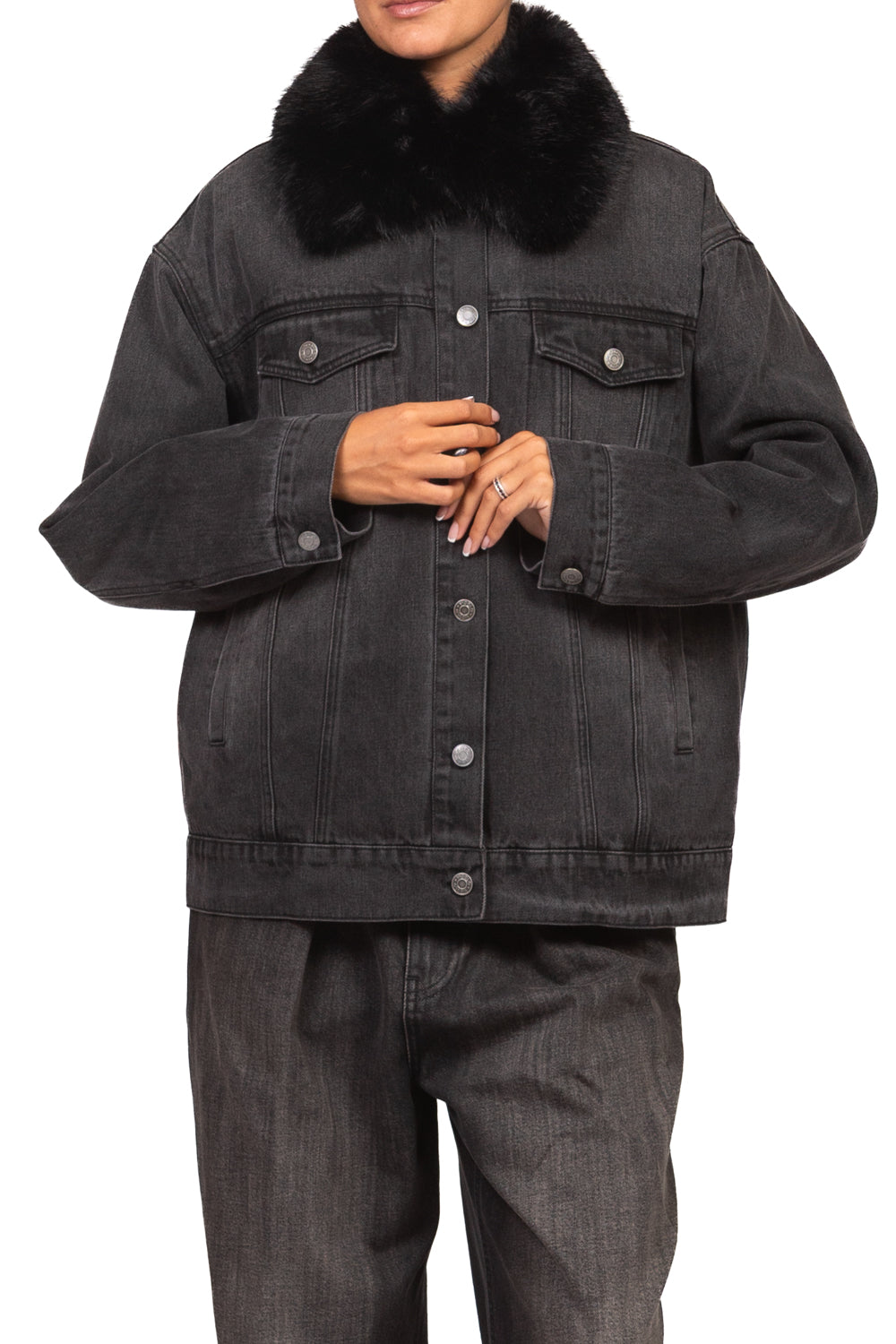 Vicolo - Giacca denim imbottita colletto eco pelliccia Art. TAC0105