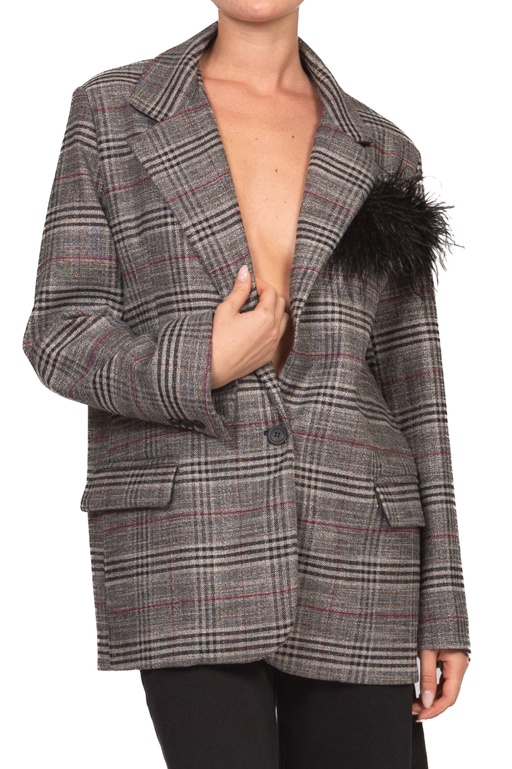 Tensione In - Giacca check con spilla piuma Art. 40410