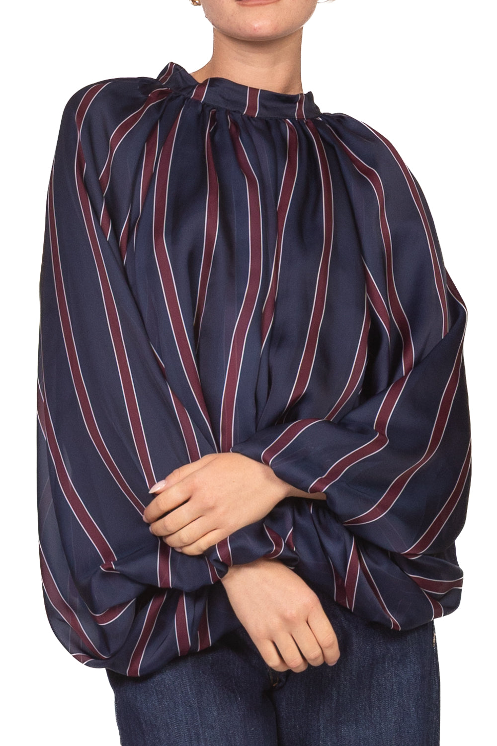 Tensione In - Blusa rigata in satin manica palloncino  Art. 27C6244