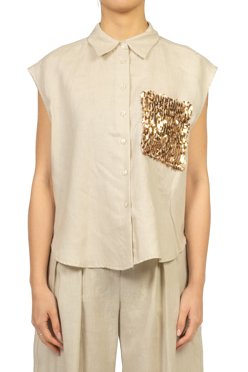Tensione In - Camicia in lino smanicata con tasca palliates Art. S26CG45