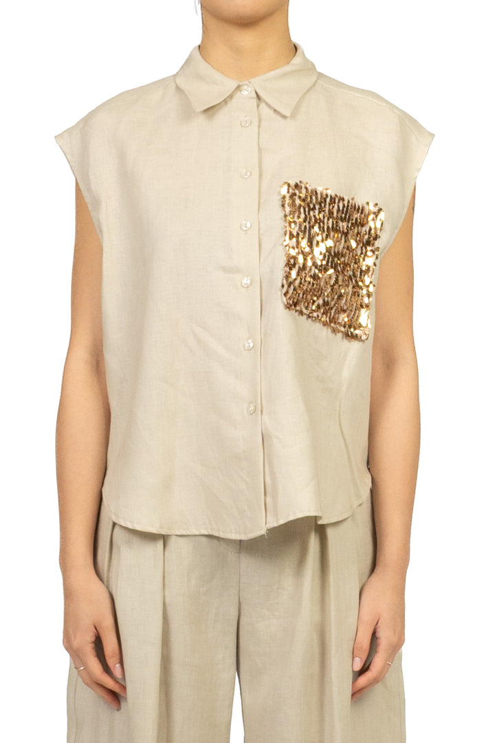 Tensione In - Camicia in lino smanicata con tasca palliates Art. S26CG45
