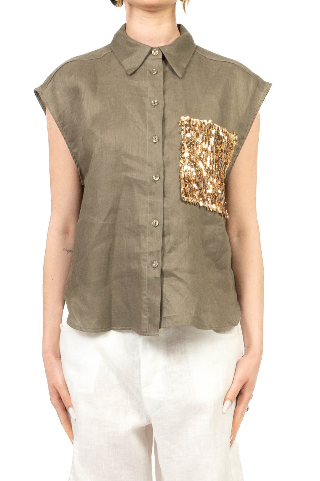 Tensione In - Camicia in lino smanicata con tasca palliates Art. S26CG45