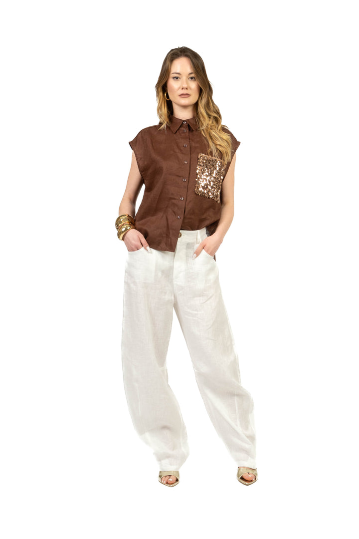 Tensione In - Camicia in lino smanicata con tasca palliates Art. S26CG45