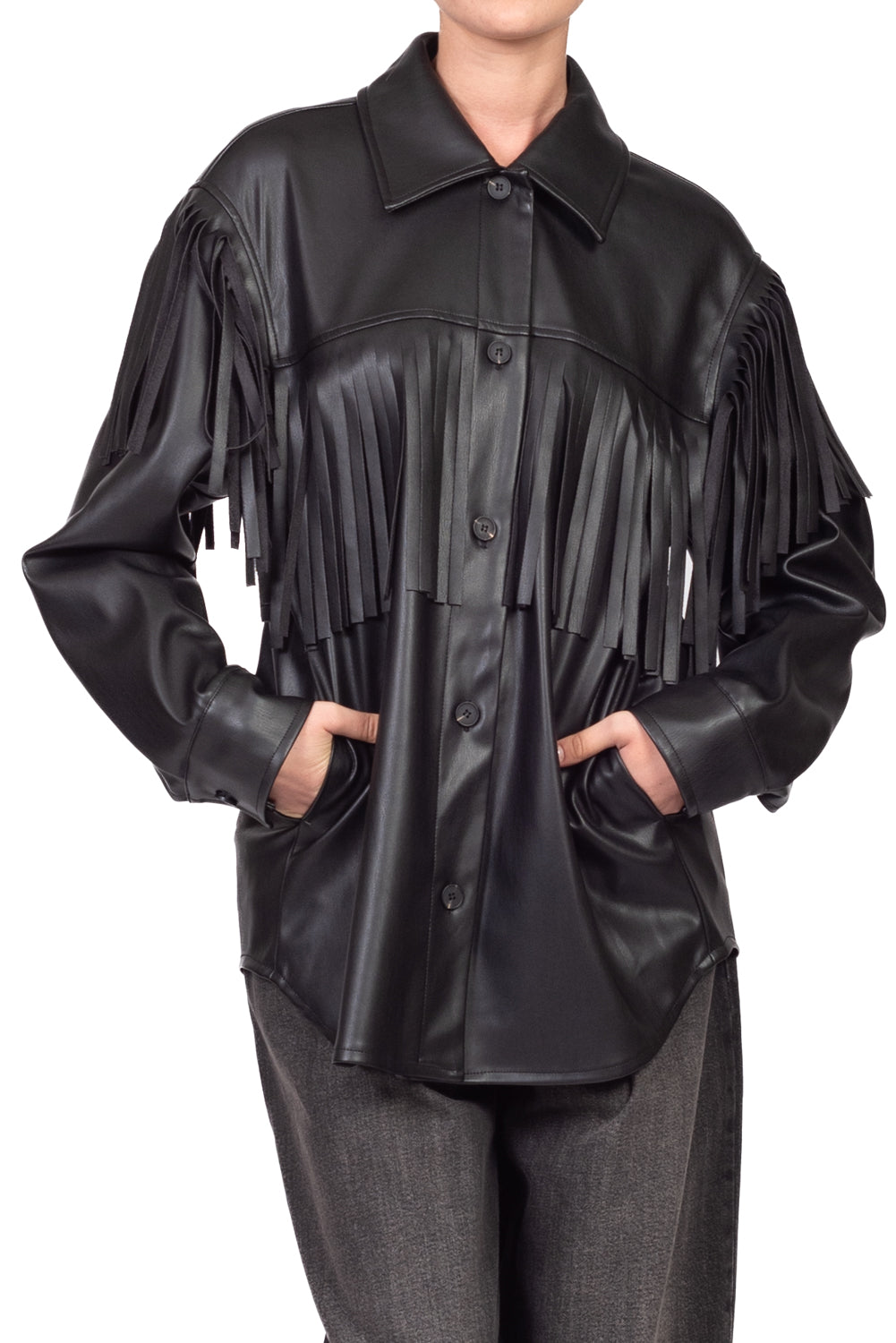 Vicolo - Camicia over in ecopelle con frange Art. TAC1292