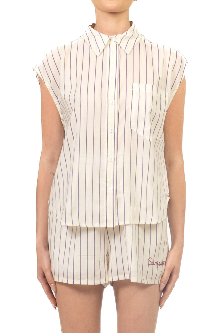 Tensione In - Camicia gessata smanicata scritta "Sunset Vibes" Art. S26CJ82