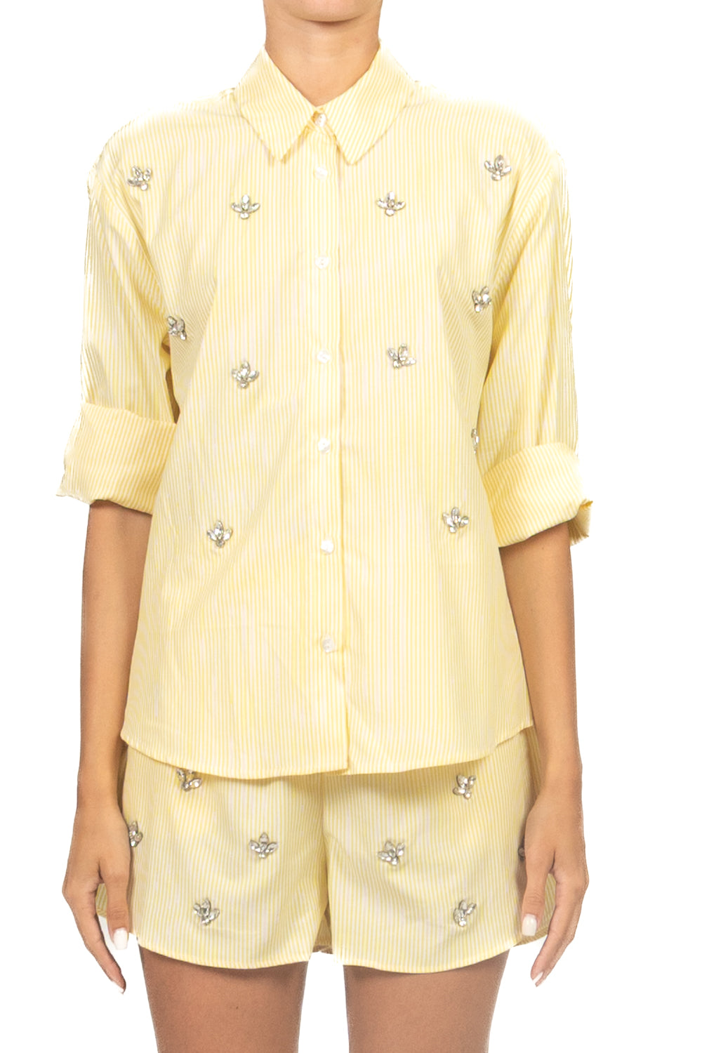 Tensione In - Camicia gessata con applicazioni Art. 26C5509