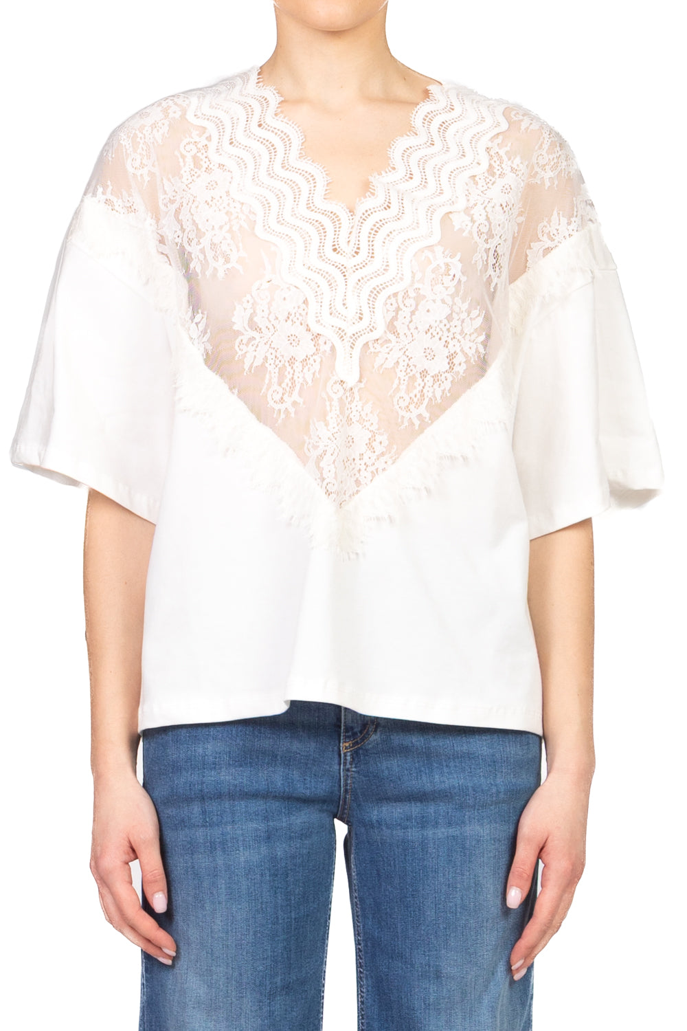 Have One - T-shirt scollo v con pizzo Art. CMA-Q201