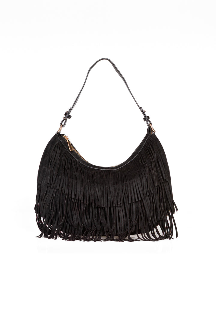 Upper - Borsa mezzaluna scamosciata con frange
