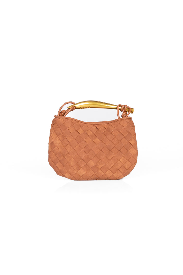 Upper - Pochette intrecciata in suede con  manico oro