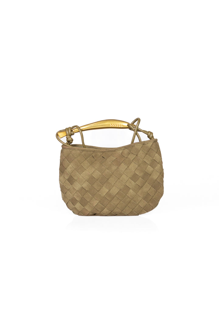 Upper - Pochette intrecciata in suede con  manico oro