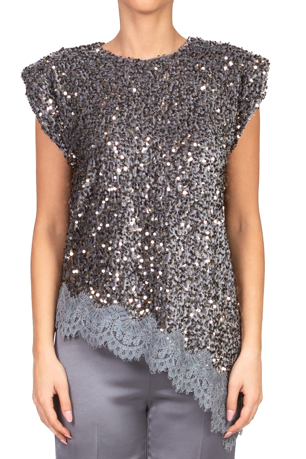 Tensione In - T-Shirt asimmetrica ciniglia paillettes Art. W25MC75
