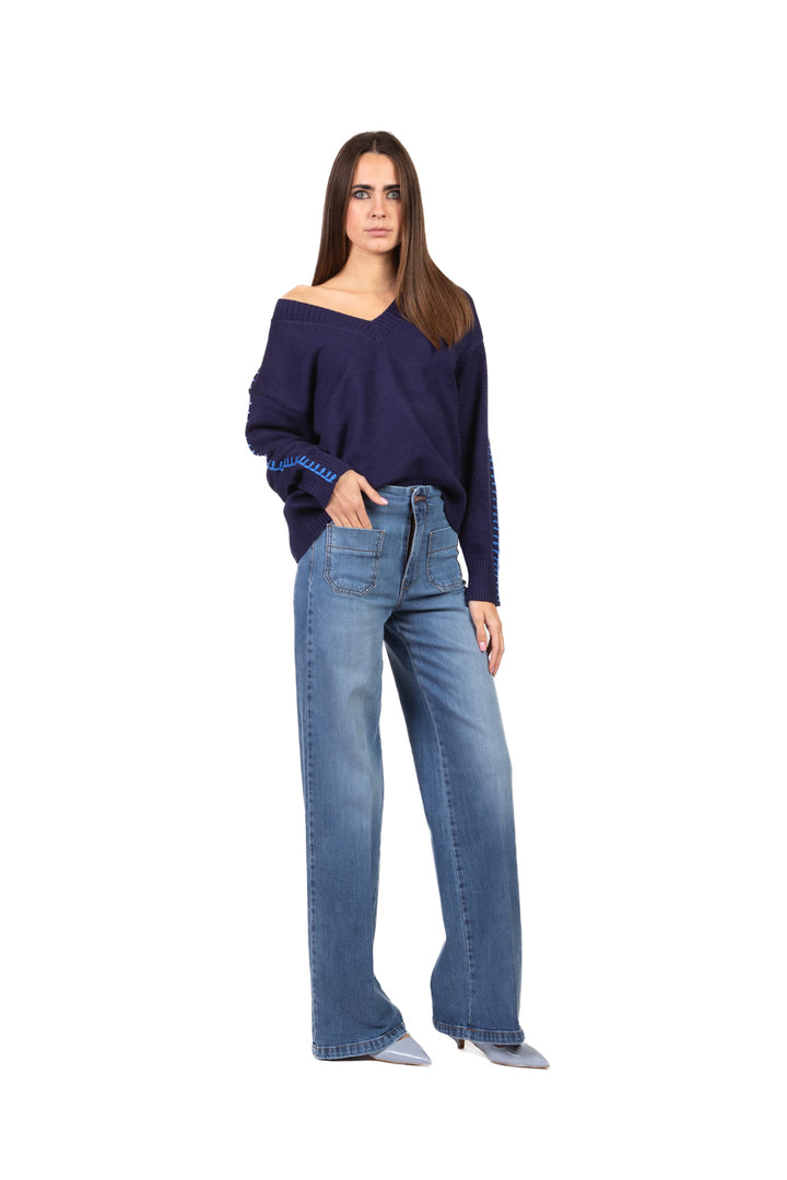 Emunà - Maglia scollo v cucitura a contrasto Art.160226