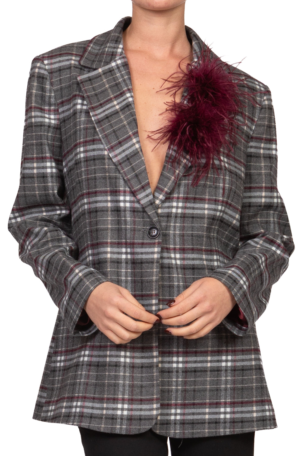 Tensione In - Giacca check con spilla piume Art. 27B6511