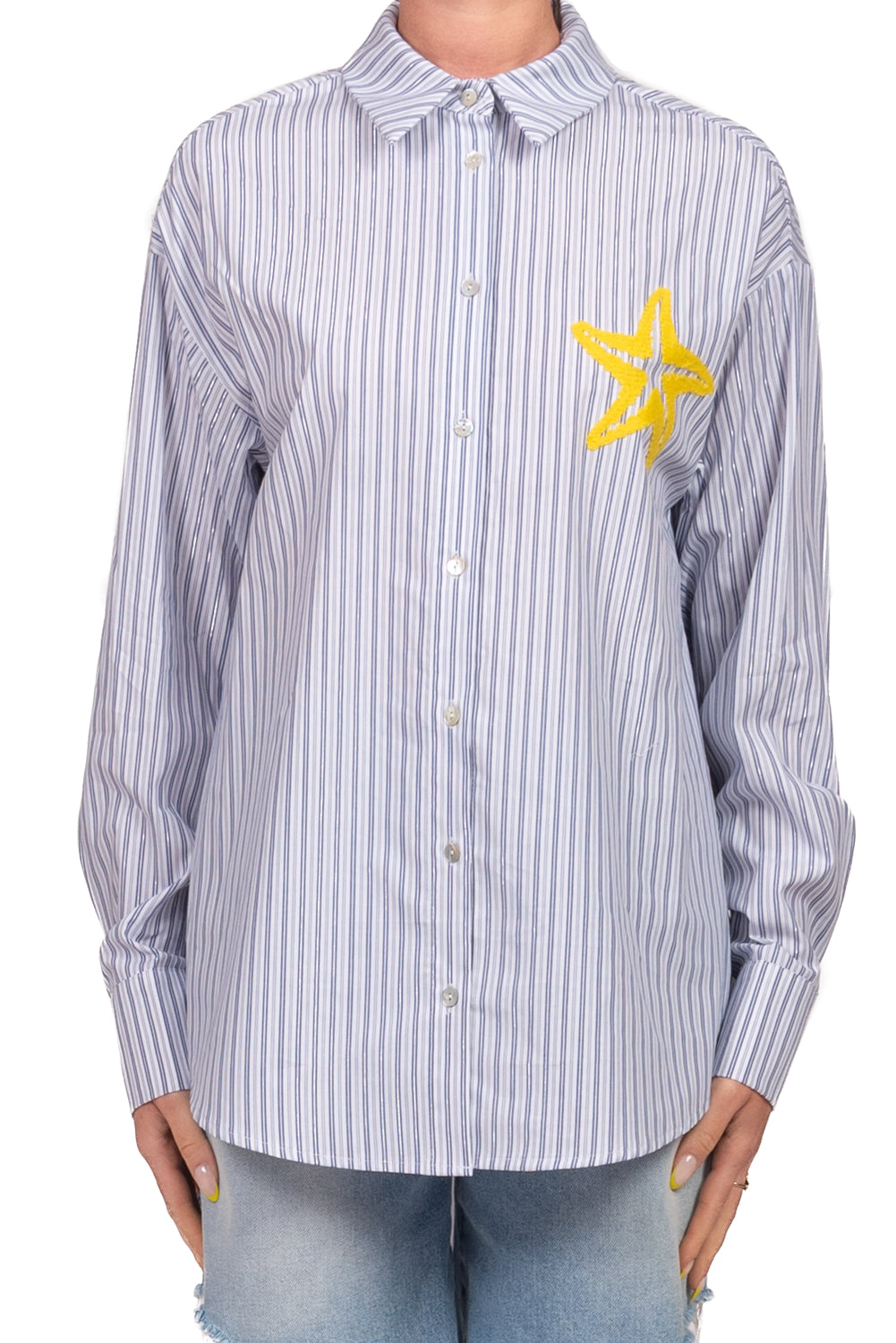 Vicolo - Camicia gessata filo lurex con ricamo Art. TAB3365