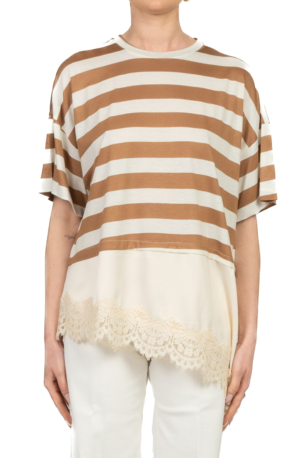 Dixie - T-shirt rigata asimmetrica con pizzo Art. T262A096