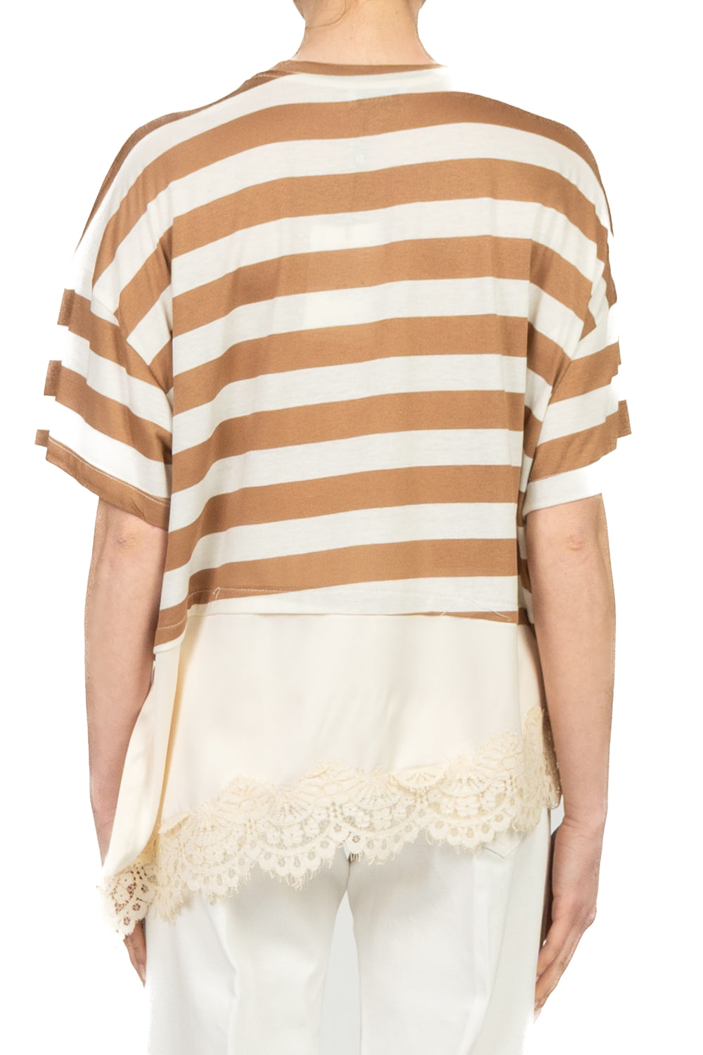 Dixie - T-shirt rigata asimmetrica con pizzo Art. T262A096