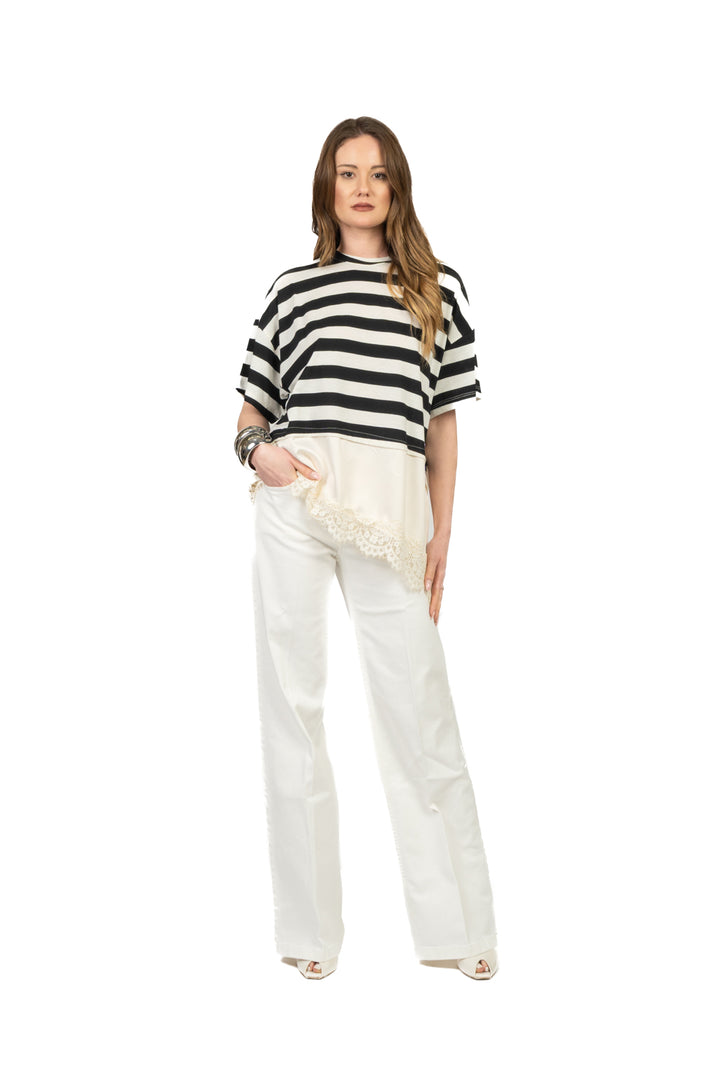 Dixie - T-shirt rigata asimmetrica con pizzo Art. T262A096