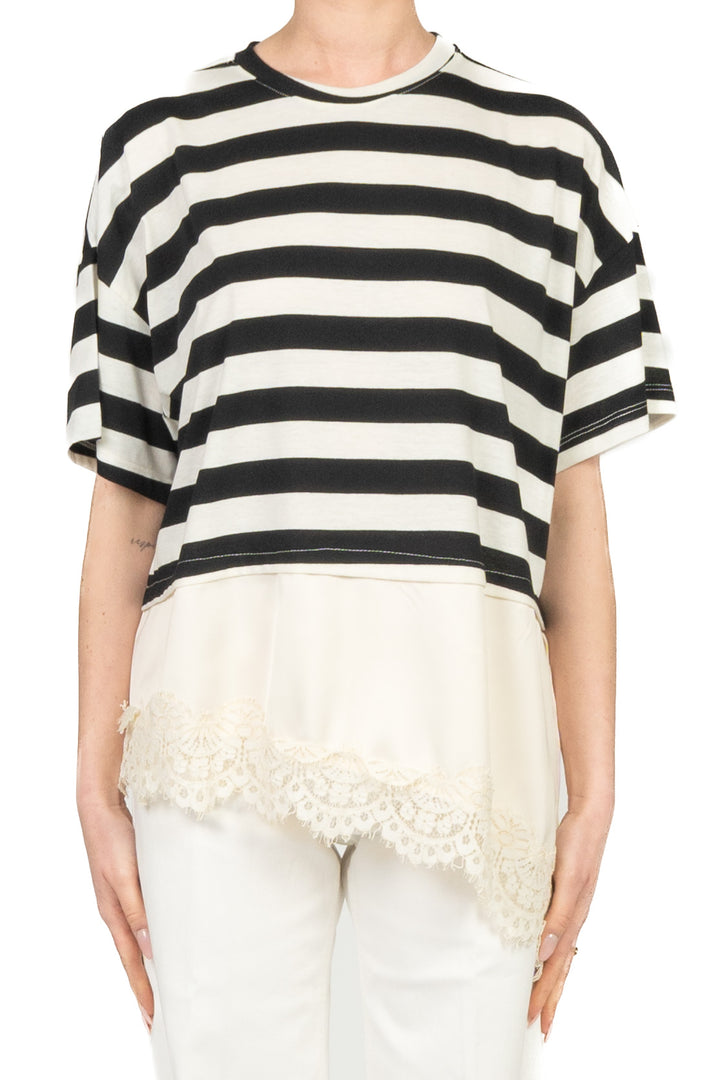 Dixie - T-shirt rigata asimmetrica con pizzo Art. T262A096