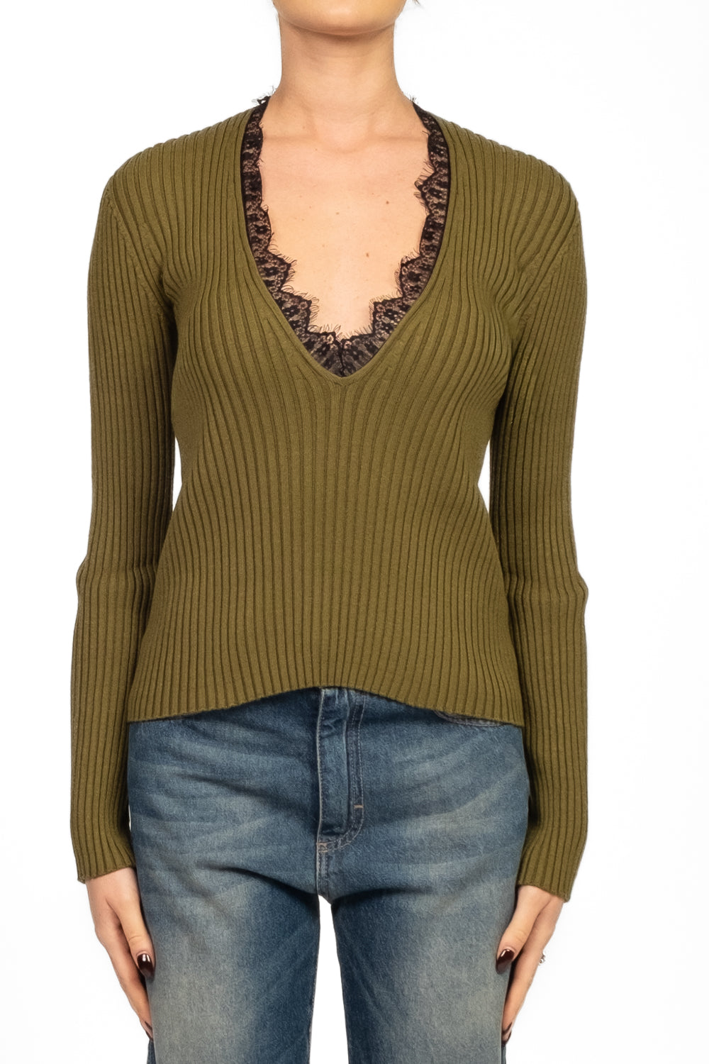 Tensione in - Maglia costine scollo v in pizzo Art.W5HMJ54A418