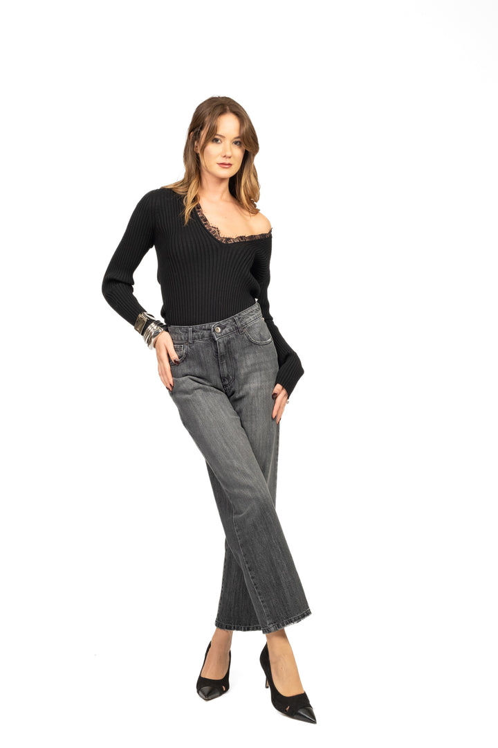 Tensione in - Maglia costine scollo v in pizzo Art.W5HMJ54A418