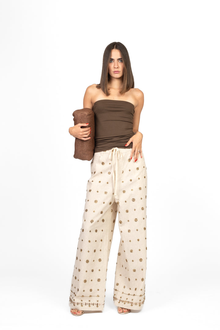 Vicolo - Pantalone misto lino con applicazioni Art. DD5423