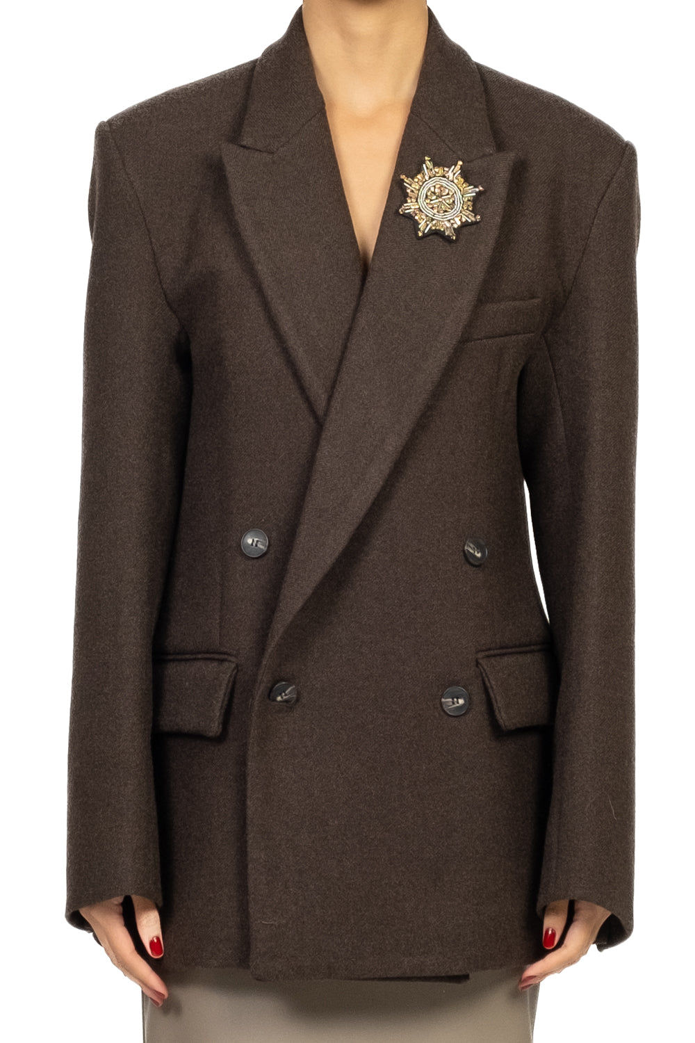 Tensione In - Giacca in panno doppio petto con spilla Art. W25J999