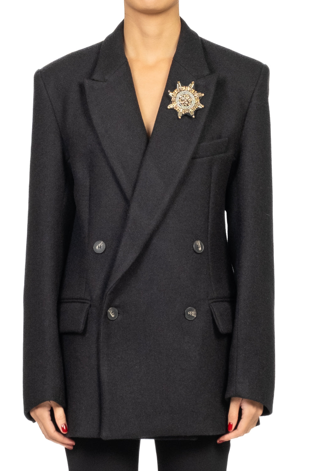 Tensione In - Giacca in panno doppio petto con spilla Art. W25J999