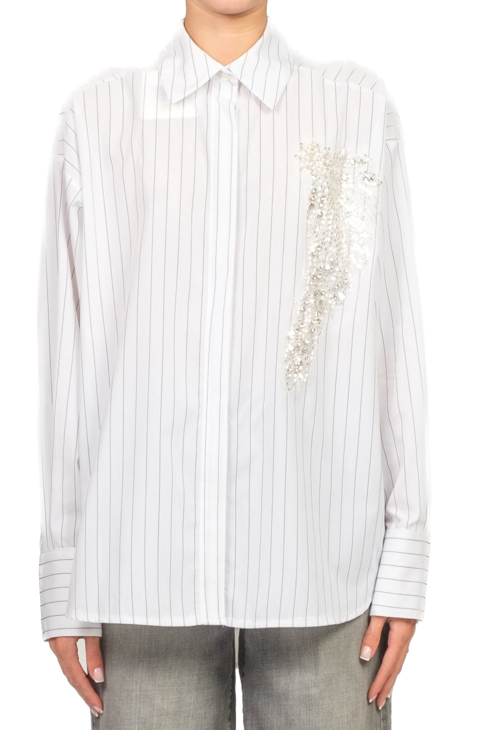 Tensione In - Camicia over gessata con applicazione Art. W25CC50