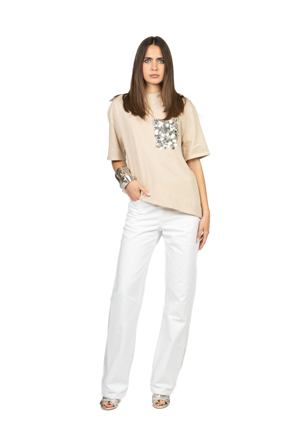 Tensione In - T-shirt asimmetrica tasca paillettes  Art. PE260194