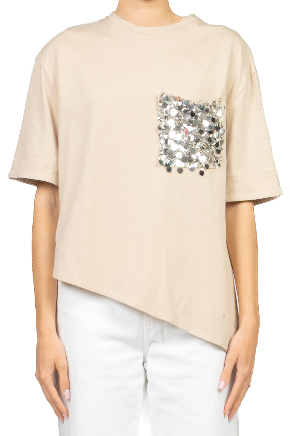 Tensione In - T-shirt asimmetrica tasca paillettes  Art. PE260194